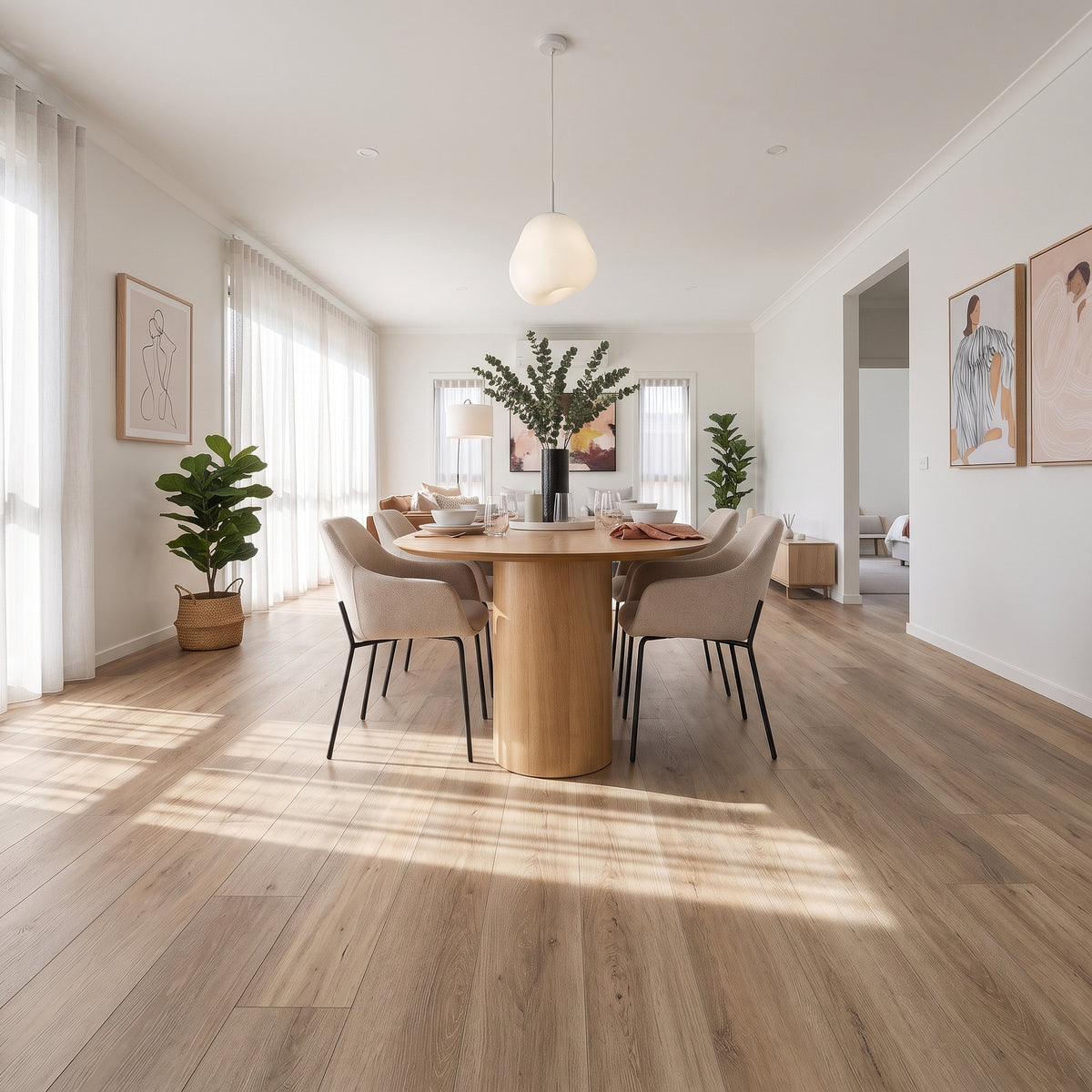 Ash Oak vinyl flooring with cool grey-brown tones and realistic oak grain for a modern, neutral home interior.