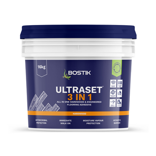 A container of Bostik Ultraset 3in1 adhesive for timber flooring.