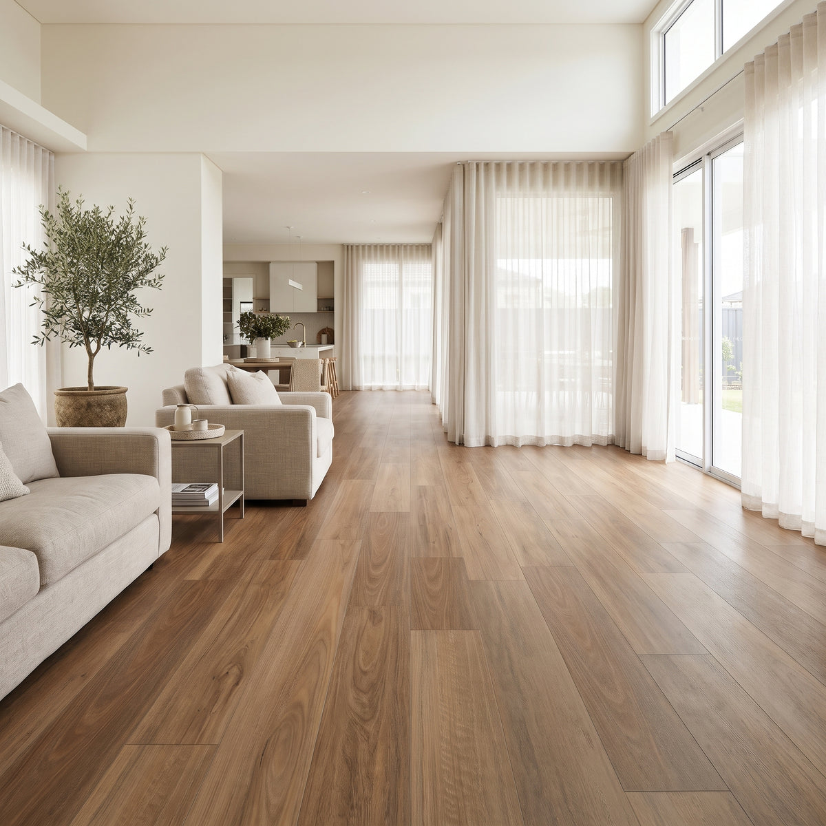 Coastal Spotted Gum vinyl flooring, smooth matte. Durable waterproof luxury vinyl planks with light Aussie hardwood grain.