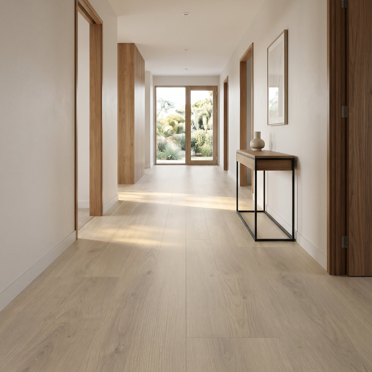 Dove Grey vinyl flooring, smooth matte. Durable waterproof luxury vinyl planks with a soft, pale-grey hardwood grain.