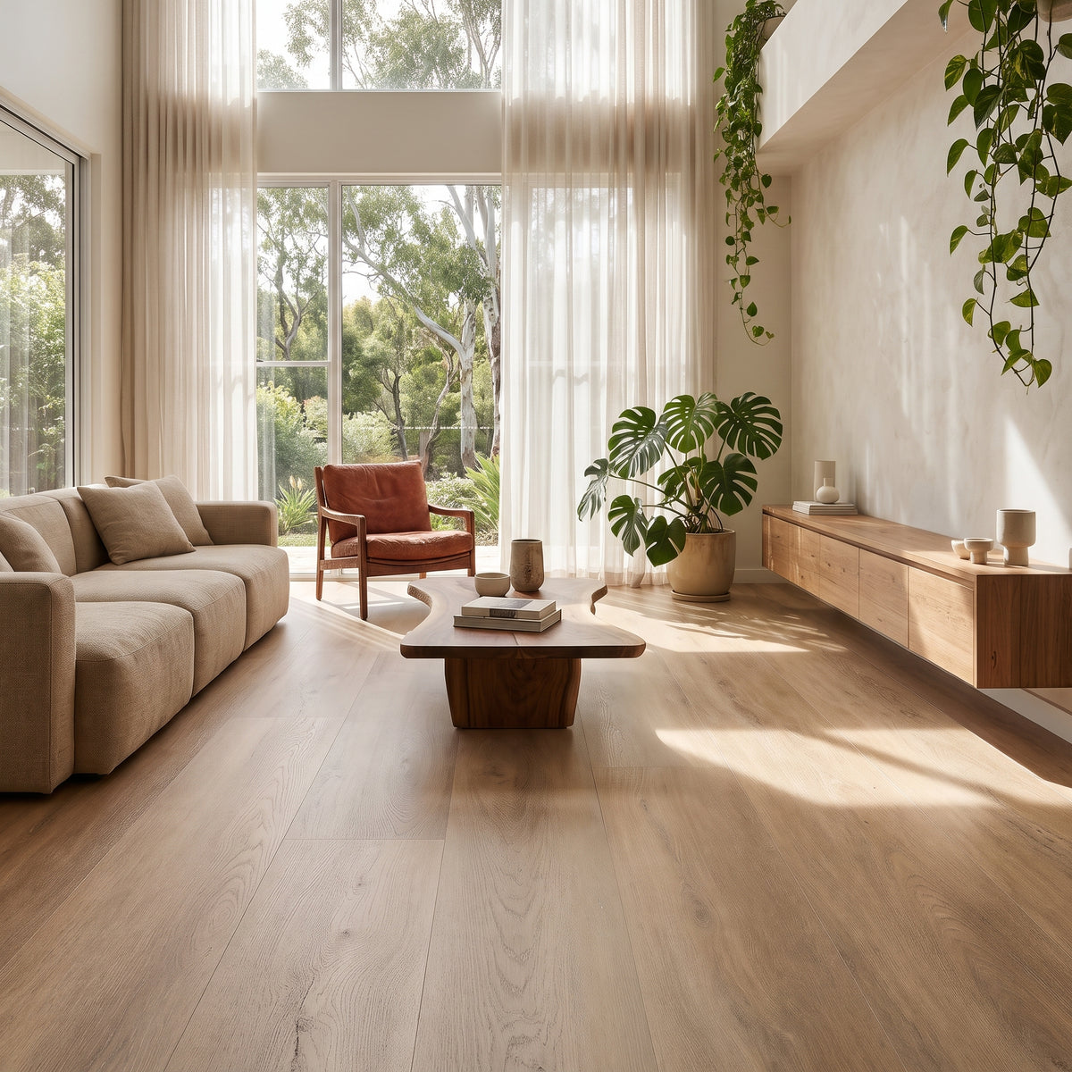 Waterproof Early Oak vinyl planks featuring a light-washed matte finish and subtle, natural timber textures.
