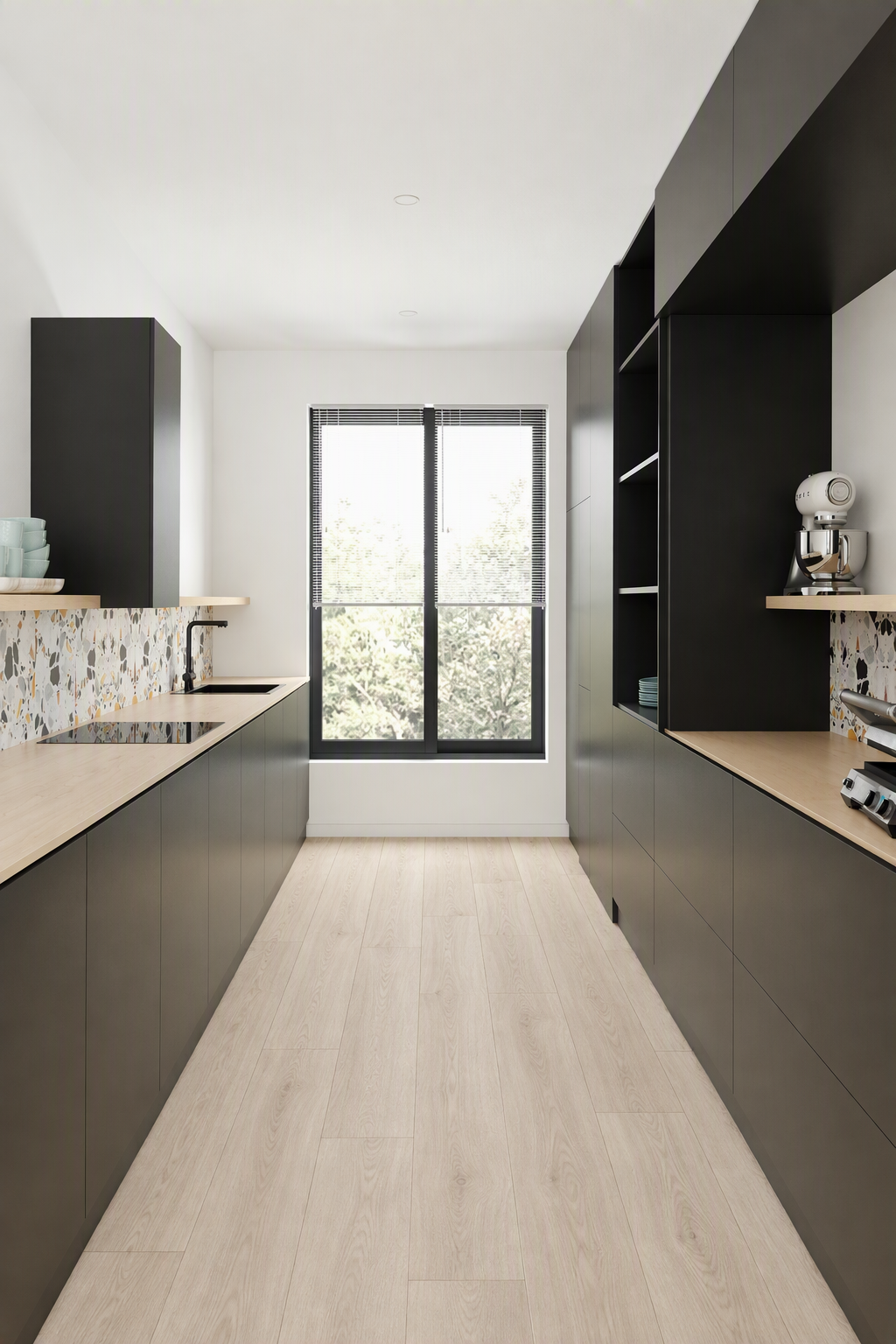 Waterproof Deep Smoke hybrid wideboard flooring featuring a rigid SPC core and scratch-resistant matte timber grain.