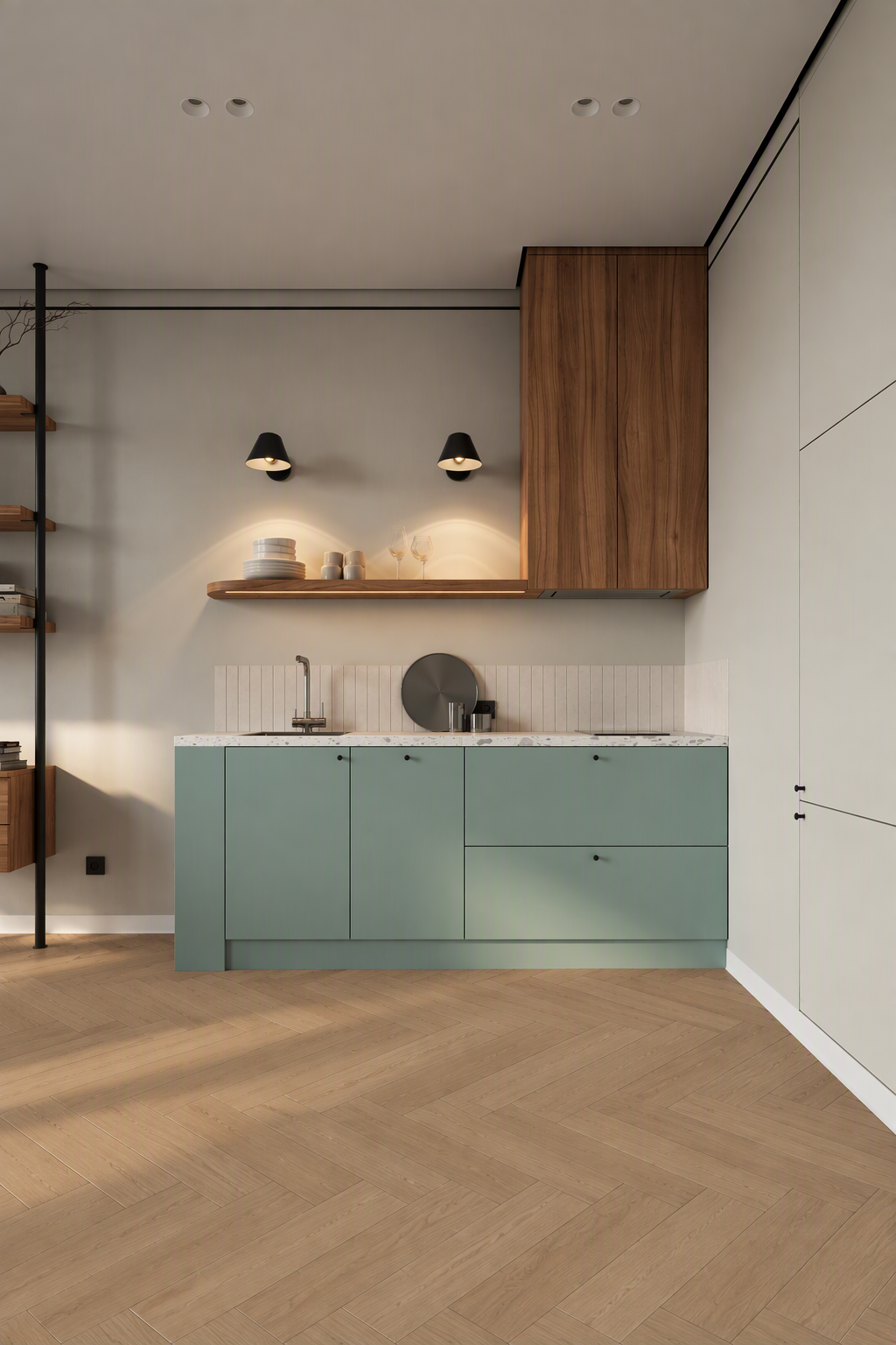 Sandstone Herringbone engineered flooring. Pale blonde oak timber parquetry pattern for modern coastal home interiors.