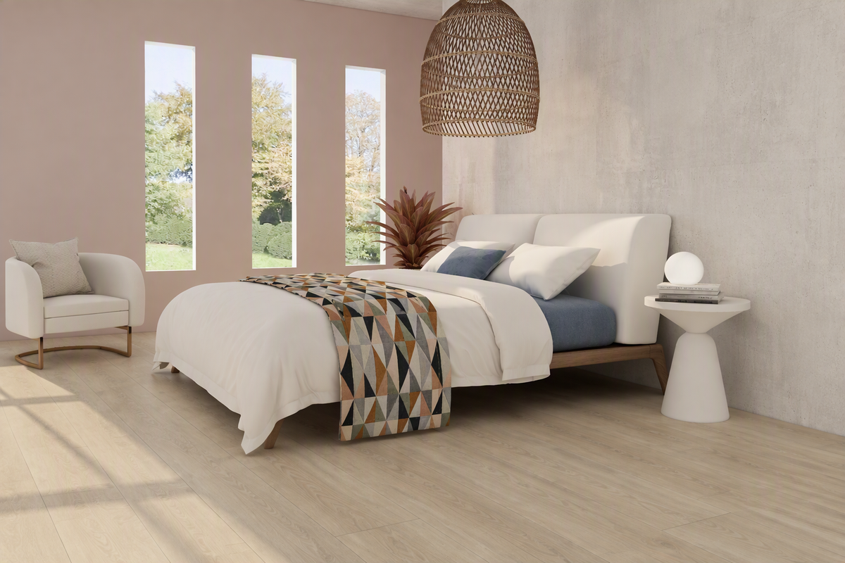Silvershore Wideboard hybrid flooring featuring large-format waterproof planks with a coastal-grey timber finish.