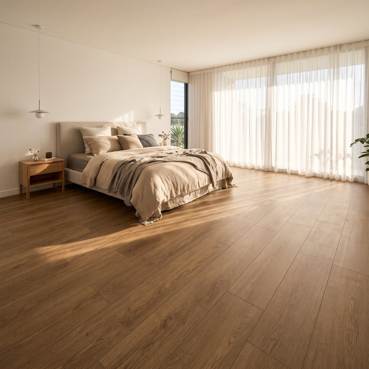 Hazel vinyl flooring, smooth matte. Durable waterproof luxury vinyl planks with a versatile mid-tone hardwood grain.