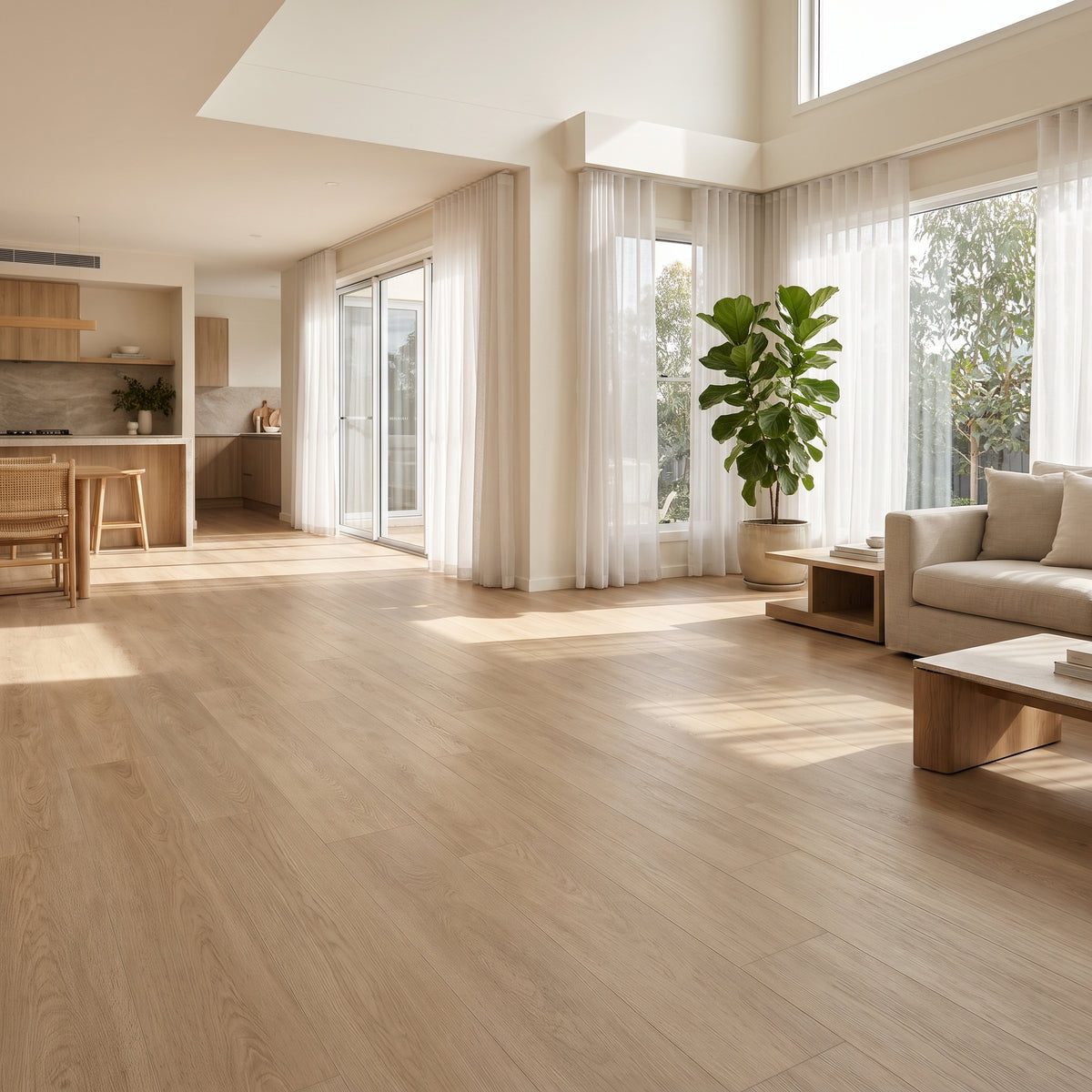 Latte vinyl flooring, smooth matte. Durable waterproof luxury vinyl planks with a versatile light-brown hardwood grain.