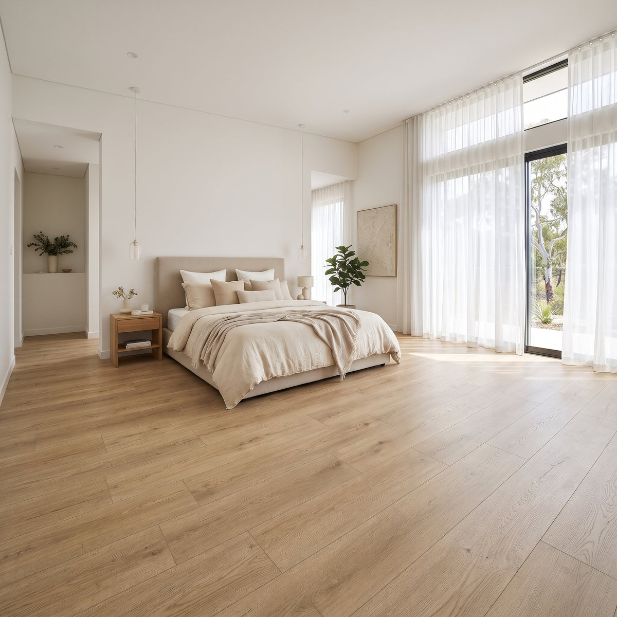 Sand vinyl flooring, smooth matte. Durable waterproof luxury vinyl planks with a pale, neutral hardwood grain finish.