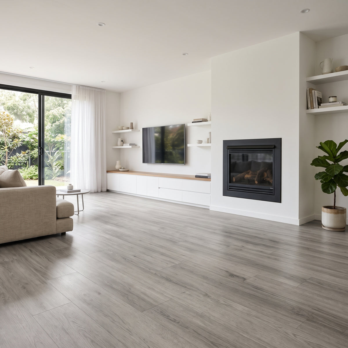 Silver Frost vinyl flooring in a soft grey-brown "greige" with a realistic ultra-matte finish for a modern home.