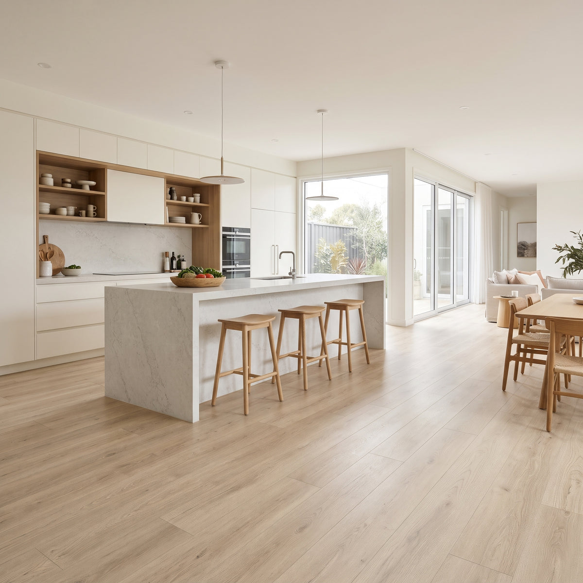 Snowfall vinyl flooring, smooth matte. Durable waterproof luxury vinyl planks with a pale, bright-white hardwood grain.