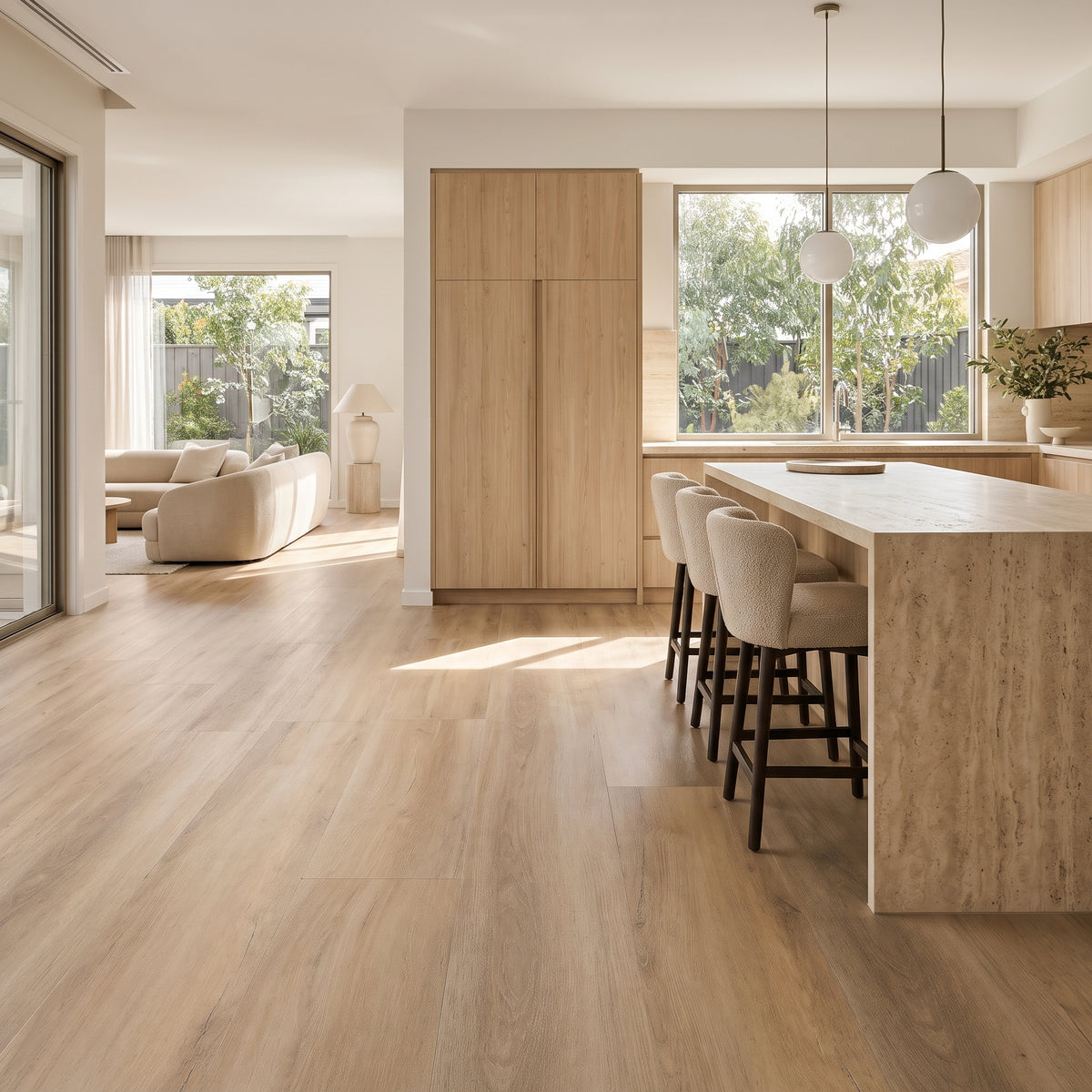 Waterproof Summer Oak vinyl planks featuring a smooth matte finish and traditional honey-colored timber textures.