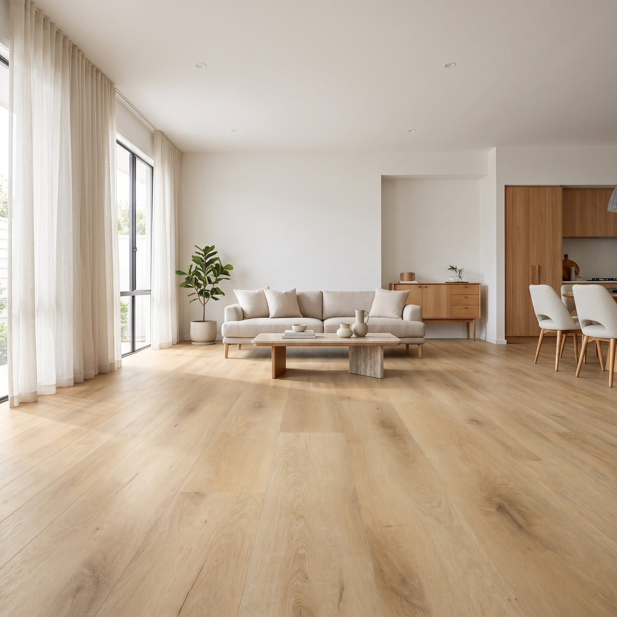 Arcadia vinyl flooring with a high-density rigid core and acoustic underlay for superior sound reduction and comfort.