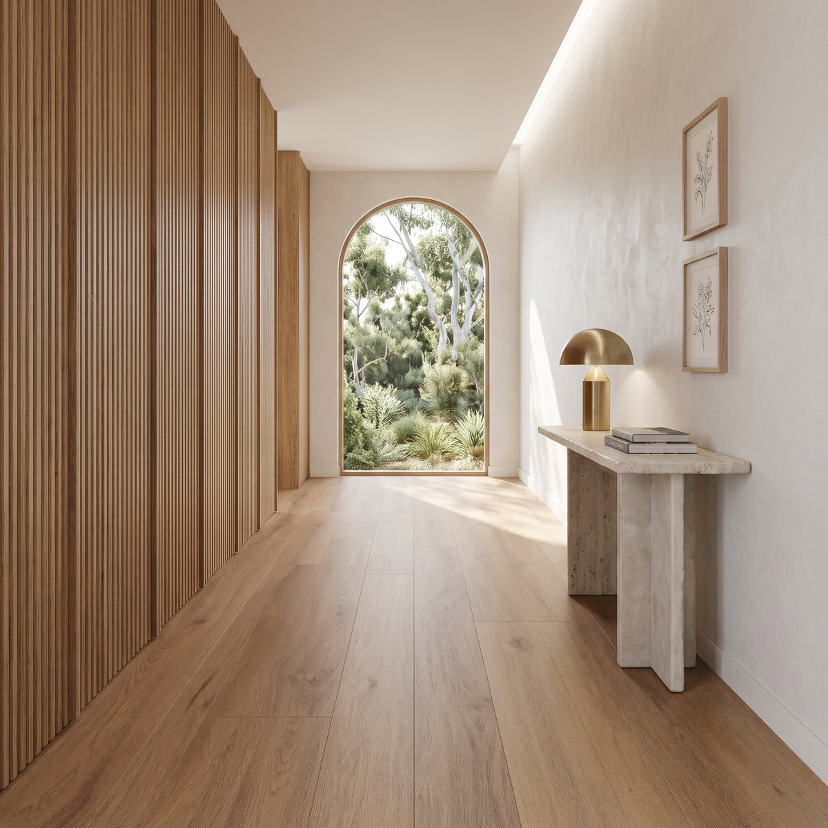 Auburn vinyl flooring featuring rich tawny-brown tones and realistic oak grain for an inviting, "quiet luxury" interior.